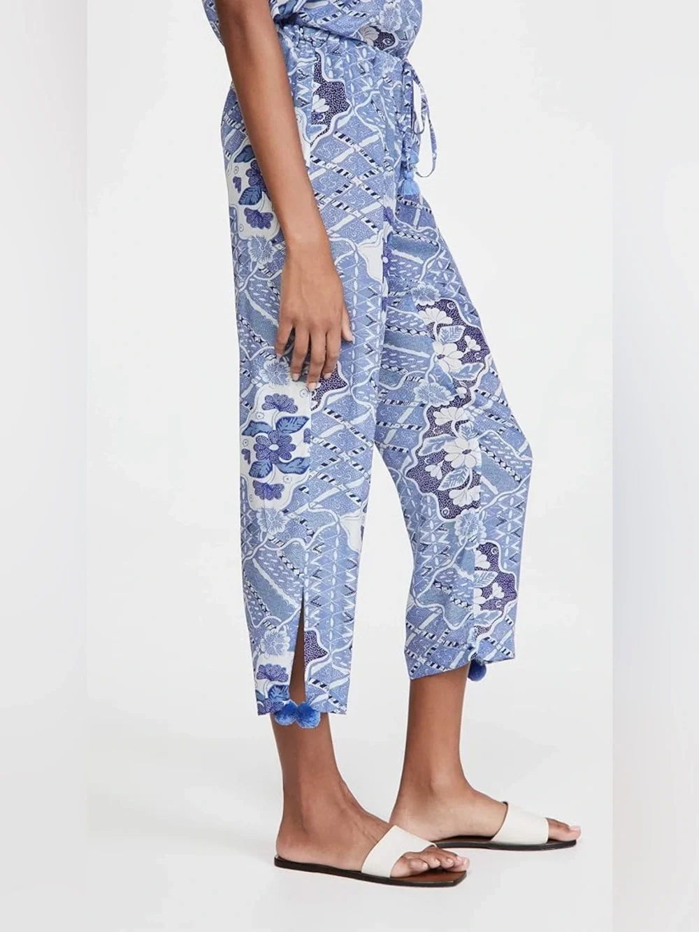 Figue Goa Drawstring Blue Wide Leg Pants Size L‎ Cropped High Rise Pompoms Trim